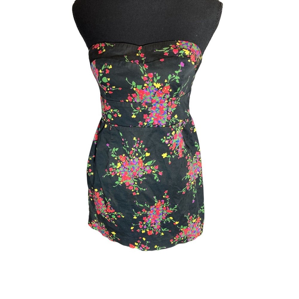 Free People ( Size 6) Poison Apple Black Floral Mini Dress Strapless Shirred Ple